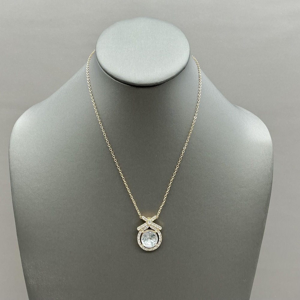 Necklace Gold Tone Round Rhinestone Bow Pendant Chain Statement Womens Jewelry